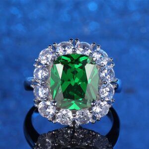 Vintage Emerald Cut Green Halo Ring for Women, 925 Sterling Silver Simulated Diamond Statement Jewelry for Party or Engagement Gift