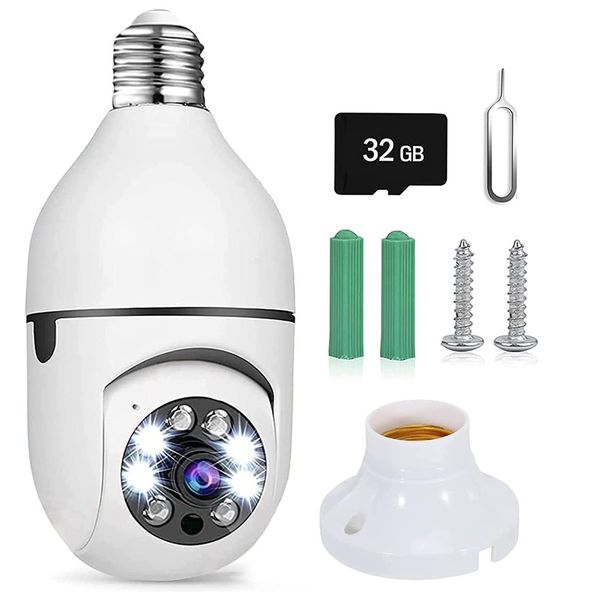 Camera Outdoor/Indoor 1080P Wireless Light Bulb Wi-Fi Smart Cameras 360° View with 32G Memory Card Night Vision Two Way Talk Motion Detec