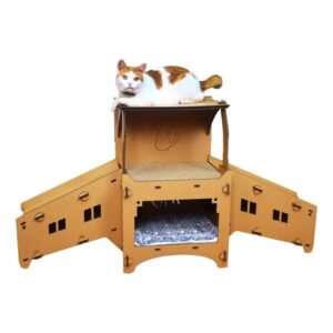 Cardboard House Castle Playground, Multi-Level Cat Hideout Scratcher with Detachable Hanging and Spring Toys