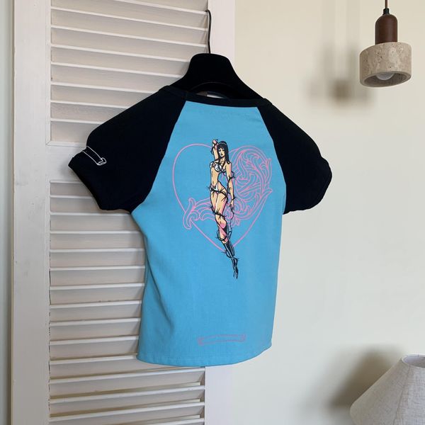 Women's T-Shirt Designer Printed blue contrasting shoulder length spicy girl short sleeved T-shirt slim fit top for women