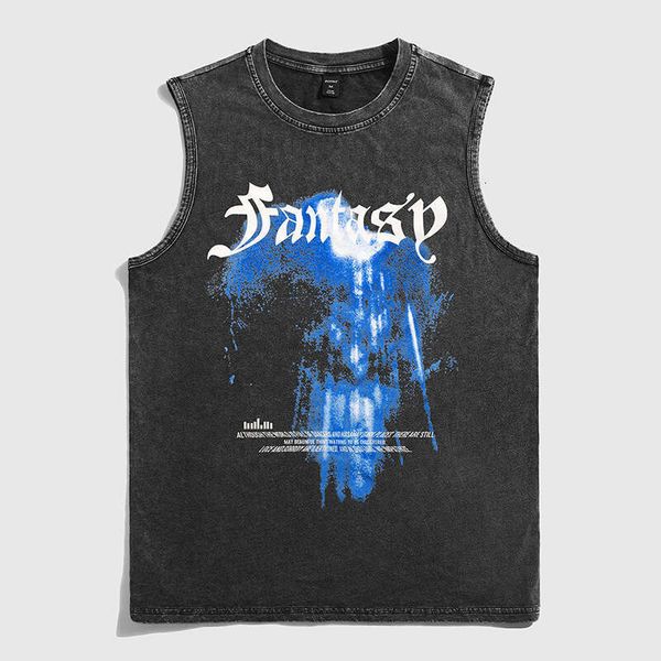 American Street Hip-Hop Washed Vintage Heavy Loose Cotton Sleeveless T-Shirt Vest for Men Summer Tank Top