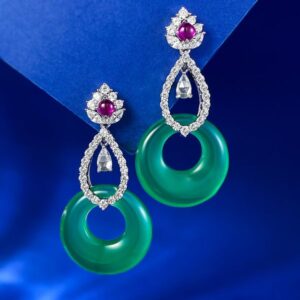 925 Sterling Silver Green Agate Earrings with Ruby and Diamond Accents – Elegant, Luxury Jewelry for Special Occasions