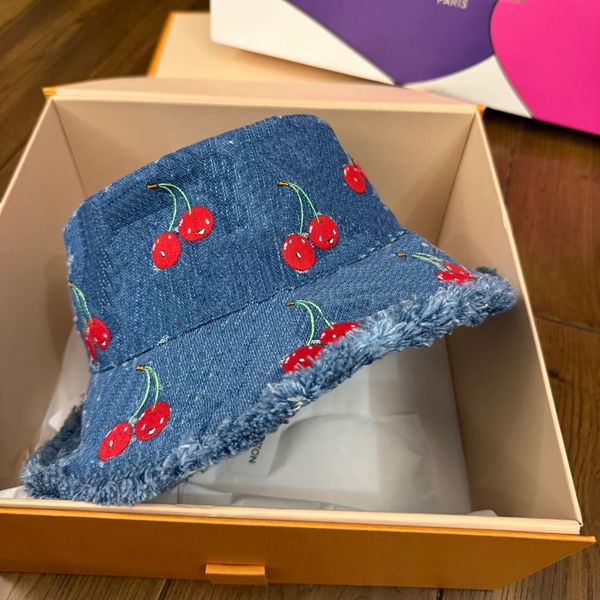 Cowboy Cherry Hat Foldable Hatwide Brim Hats Designer Women Visitor Travel Jeans Bucket Hat Denim Fitted Flanging Bonnet Fisherman Sunhat Cap Sunscreen Farm Hat