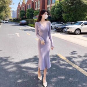 B434 knitted dress autumn fashion sling lady all-match gentle temperament slim sweater v-neck hip skirt