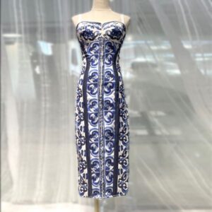 Dress dresses for woman designer party dresses for women blue porcelain print silk gathered waist midi dress birthday dresses summer dress designer dresses luxury