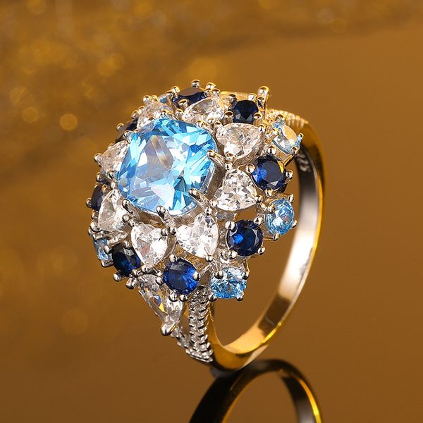High-End 925 Sterling Silver Blue Synthetic Zirconia Statement Ring for Women, Elegant and Fashionable Jewelry, Perfect for Special Occasions