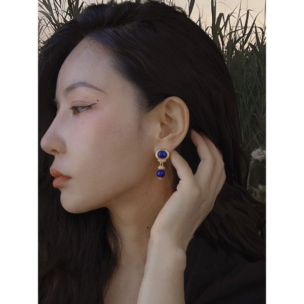 2025 New Style Vintage 9k Solid Gold Oval Lapis Ear Drops For Women Unique Elegant Lazuli Beads Dangle Stud Earrings Handmade Retro Jewelry