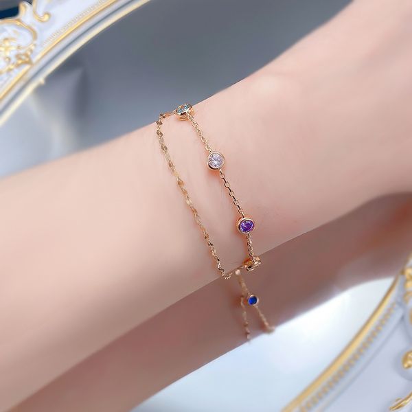 New S925 Sterling Silver Double Layer Rainbow Cubic Zirconia Adjustable Bubble Bracelet, Trendy Multi-Color Zircon Bracelet for Women