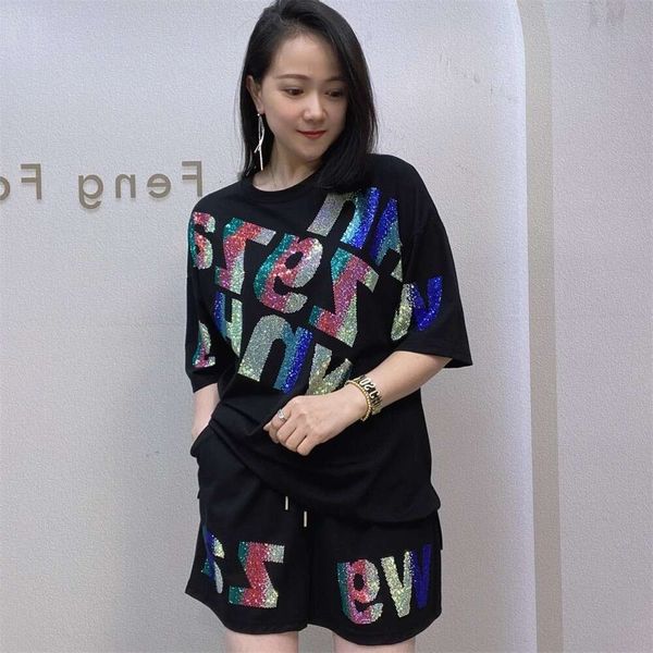 150kg Plus Size Women's Clothing Summer Rhinestone Short Sleeve T-Shirt Shorts Casual Set Fashion Sports Suit Women