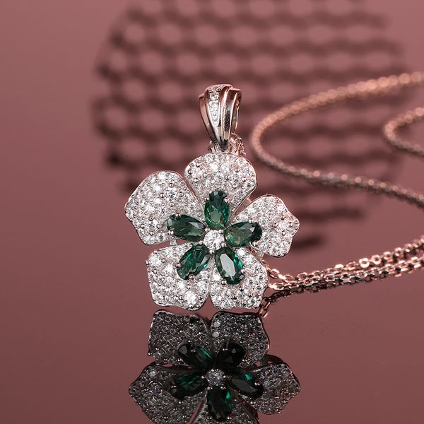Fashionable 925 Sterling Silver Floral Necklace with Green Gemstone Pendant, Unique and Elegant Design for Women, Trendy and Versatile