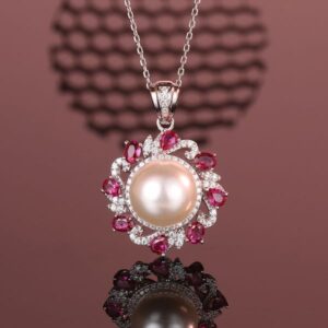 925 Sterling Silver Pearl Pendant Necklace, Women's Creative Design with Full Diamond and Ruby Accents, Elegant Jewelry for Parties, Perfect Gift for Best Friends.