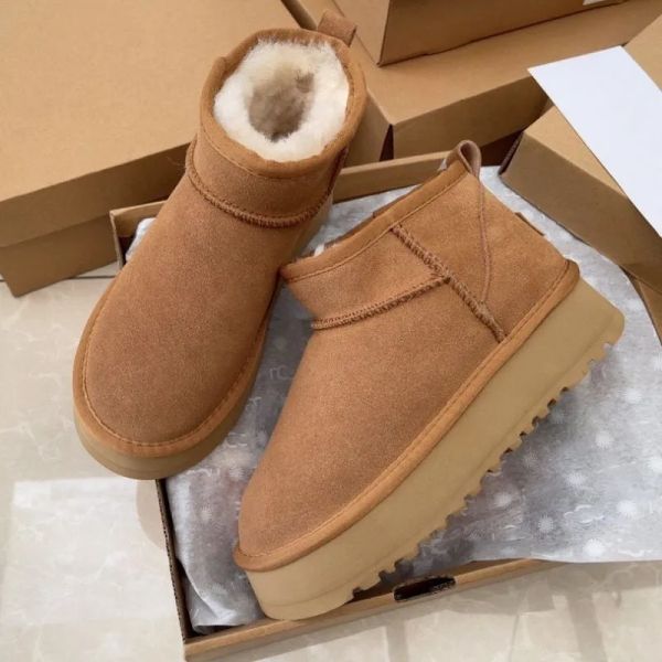Designer Mini Platform Boot Woman Winter Ankle Australia Snow Boots Thick Bottom Real Leather Warm Fluffy Booties With Fur size 35-44