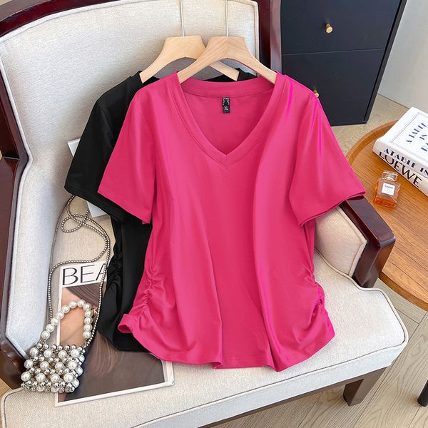 Plus size, short sleeved t-shirt, women's summer new style, front shoulder V-neck, red fashionable shirt 3507