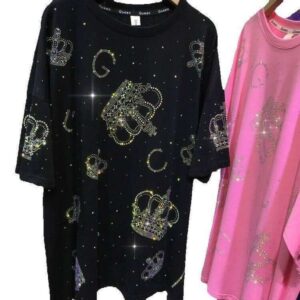 Plus Size 1.0-150kg Heavy Embroidered Rhinestone T-Shirt Crown Shiny Short Sleeve Summer New Fashion Stylish Top