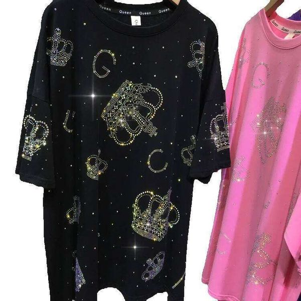 Plus Size 1.0-150kg Heavy Embroidered Rhinestone T-Shirt Crown Shiny Short Sleeve Summer New Fashion Stylish Top