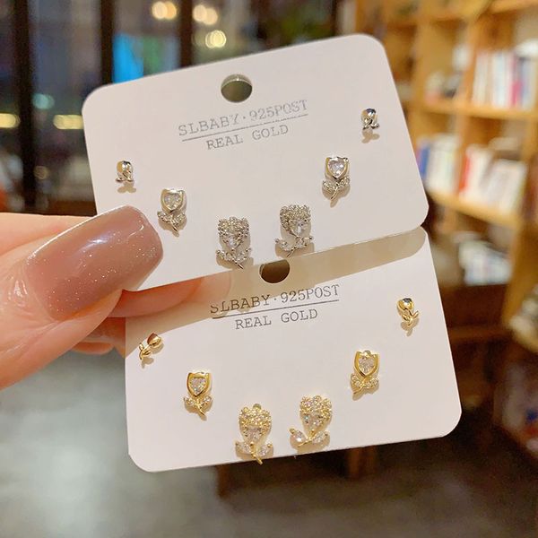 S925 silver Instagrammable Zircon Petal Earring Set | 6-Piece Daily Drip Capsule