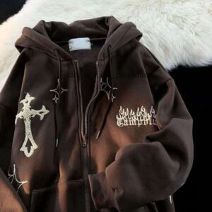 Men's Hoodies Sweatshirts Women Letter Embroidered Hoodies Autumn Winter Vintage Zip Up Loose Hooded Sweatshirts Harajuku Y2K Long Sleeve Jacket Clothes 240