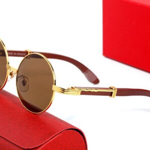 Round Designer Sunglasses Mens Womens Sunglass Vintage Square Retro Carti Sun Glasses Outdoor Driving Fashion Eyewear Frameless Texture Mirror Wooden Eyeglasses