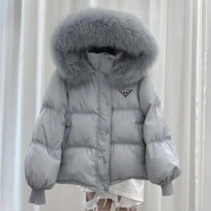 GG-P-R-A Designer Women's Down Jacket Parkas Brands Fashion Lady Loose Thickened Short Fox Big Fur Collar White Duck Down Outerwear Coats Outdoor Hooded Down Jacket