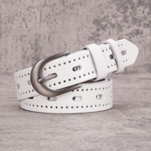 Womens Leather Decorative Jeans with Hollow-Cut Belt – Retro Cowhide Needle Fastening