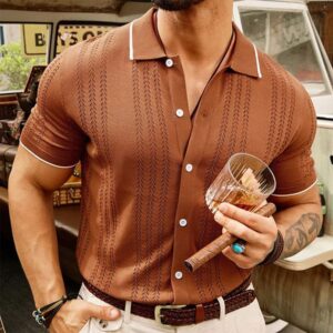 Men's Light Luxury Business Leisure Knitted Polo Shirt Buttoned Popular Retro Solid Color Short Sleeve Cardigan Fashion Knitwear