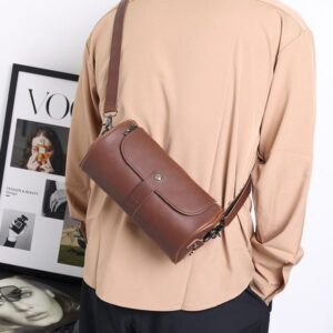 Single bag men's fashion retro large capacity cylindrical bag Crazy Horse PU leather men's single shoulder small shoulder bag crossbody bag