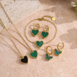 Minimalist Double-Sided Heart Necklace Set with Green Malachite, French Vintage Style, 18K Gold Plated Titanium Steel Jewelry for Women