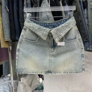 muily Cool collar designer women's short denim skirt 2025 summer new spicy girl high waist light blue denim skirt2