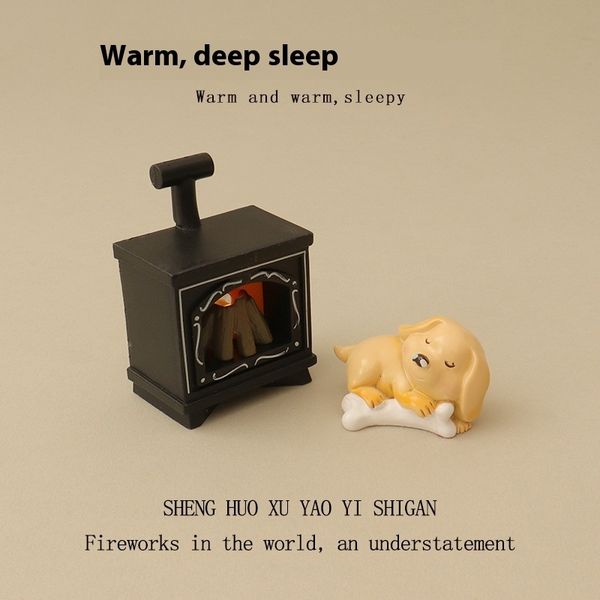 New Creative Miniature LED Lighting Simulation Fireplace Cute Bone Dog Baby House Ins Decorative Small Ornaments