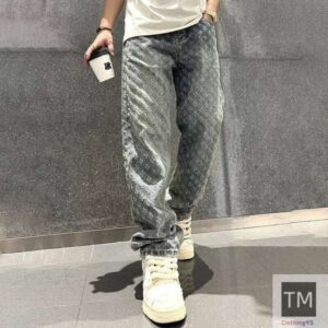 Jacquard Pattern Denim Pants Male Straight Fitting Baggy Bottoms Distressed Wide Jeans For Men