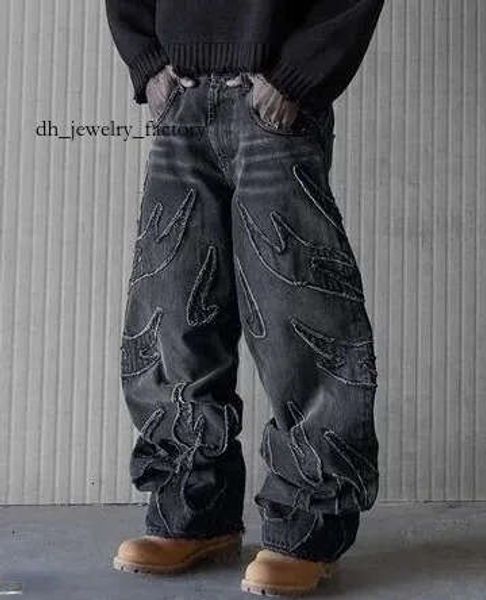 Baggy Jeans for Men Y2k Hip Hop Distressed Retro Black Pants Oversized Embroidery Harajuku Gothic Wide Leg Trousers Streetwear 240619 47d