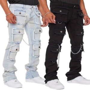 Men Jeans Straight Pants Mid Waist Denim Patchwork Zipper Fly Cargo Pockets Solid Ankle Length Slight Strech High Street