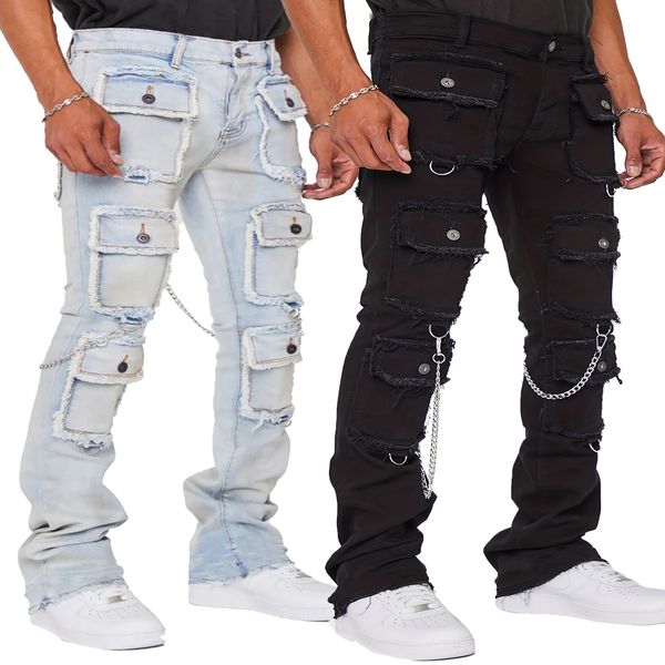 Men Jeans Straight Pants Mid Waist Denim Patchwork Zipper Fly Cargo Pockets Solid Ankle Length Slight Strech High Street