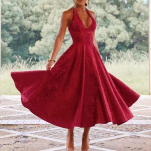 Women Summer French Floral Sundress Bridesmaid Gown Tie Waist Vacation Dresses Smocked Waist Deep V-Neck Halter Neck Party