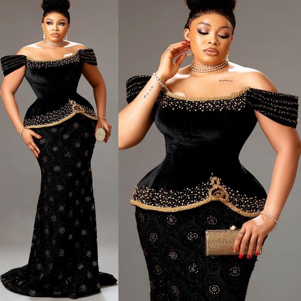 Black Mermaid Prom Dresses 2025 Off Shoulder Beaded Sequined Evening Formal Party Second Birthday Engagement Gowns Plus Size Dress For Special Occasions