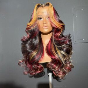 Glueless Red Highlight HD Body Wave Lace Frontal Wig 13×4 Honey Blonde Lace Front Human Hair Wigs PrePlucked 250% Density Synthetic