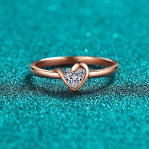 S925 Sterling Silver Moissanite Heart Shape Ring, Champagne Gold Minimalist Design for Women, Elegant Luxury Jewelry