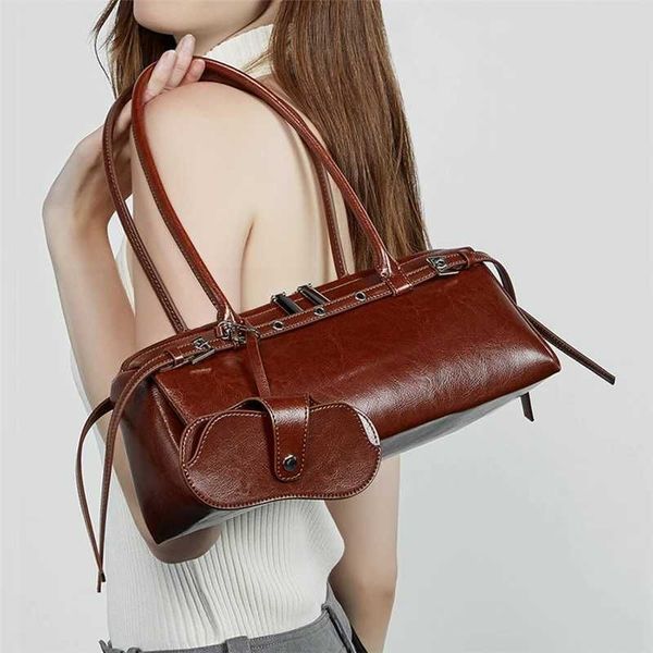 Burminsa Vintage Genuine Leather Underarm Shoulder Bags For Women 2025 Luxury Designer Belt Clutch Purses Tote Ladies Handbags Y250605