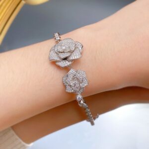 S925 Sterling Silver Full Diamond Camellia Rose Bracelet, Fashion Elegant Floral Jewelry with Sparkling Design for Women