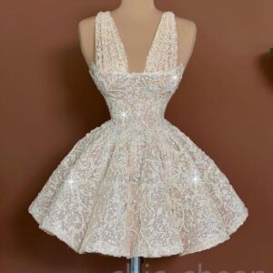 2024 Champagne A-line Graduation Dress Beaded V-neck Lace Short Mini Homecoming Party Formal Cocktail Prom Bridesmaid Gowns Dresses ZJ020