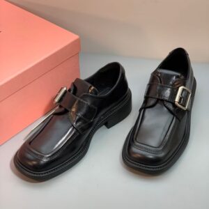 Women Shoes Black Leather Shoes With Buckle Square-shaped Loafers Brogue