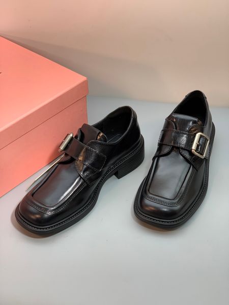 Women Shoes Black Leather Shoes With Buckle Square-shaped Loafers Brogue