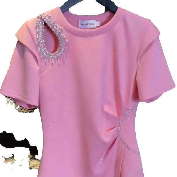 Plus Size 1.0-150kg Irregular Hollow Out Off-Shoulder Rhinestone Fashion Waist-Slimming Short Sleeve T-Shirt for Women