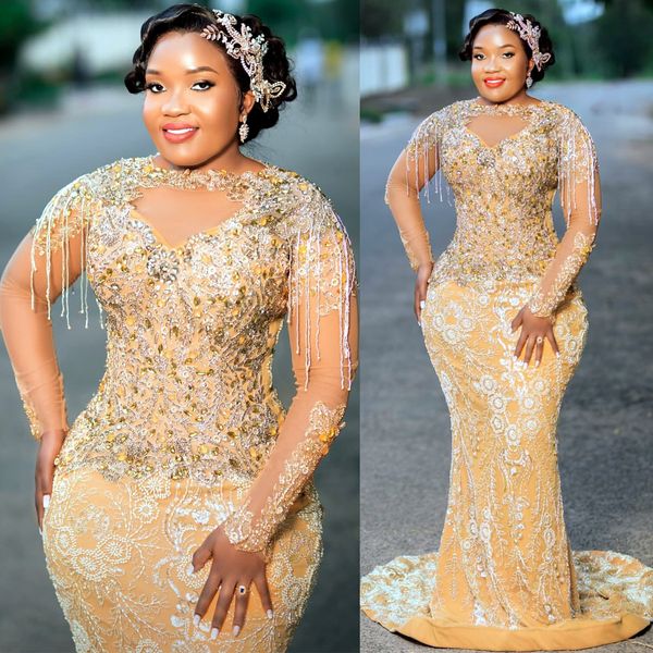 2024 Aso Ebi Plus Size Gold Mermaid Prom Dress Crystals Sequined Evening Formal Party Second Reception 50th Birthday Engagement Thanksgiving Gowns Dresses ZJ45
