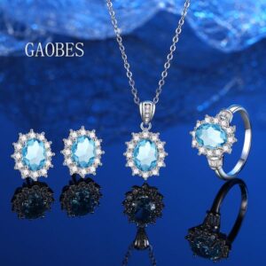 925 Sterling Silver Aquamarine Blue Gemstone Necklace, Earrings, and Ring Set with High Carbon Diamonds for Women