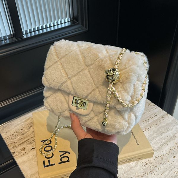 Designer Chain Bag Shoulder Purse - Plush Handbag, Women's Casual Bags, Single Handle Crossbody, Black & White