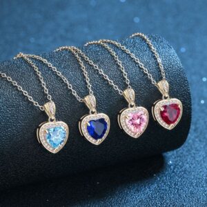 925 Sterling Silver Heart Pendant Necklace with Full Diamond Zircon Stones in Blue, Red, Pink, and Aqua, Rose Gold Plated Chain