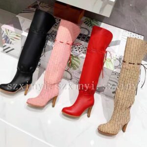 Top-Quality 24inch Women's Canvas and Leather Boots Fashion 9cm High Heel Boots