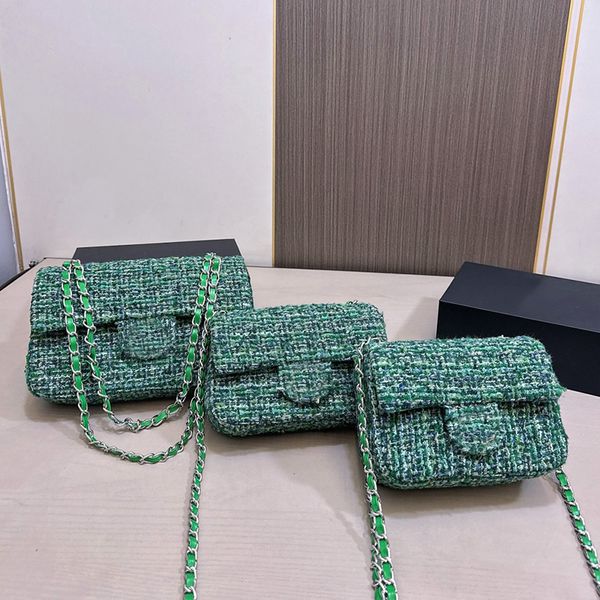 Cf Wool Woven Chain Designer Womens Shoulder Bag Flip Flap Seam Silver Hardware Metal Turn Lock Matelasse Chain Hand Crossbody Bag Makeup Bags Green Wallte 18/20/25cm