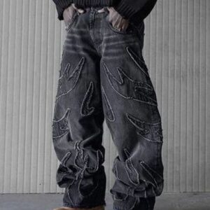 Baggy Jeans for Men Y2k Hip Hop Distressed Retro Black Pants Oversized Embroidery Haruku Gothic Wide Leg Trousers Streetwear 240619